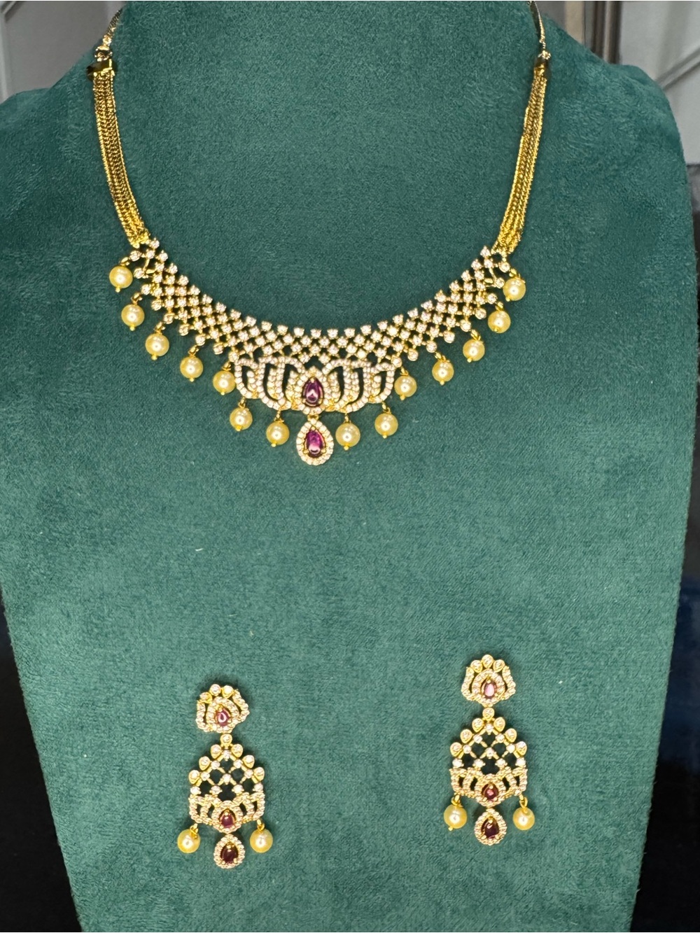 Fashion Jewelry Gold-Tone Necklace and Earring Set with Red Accents